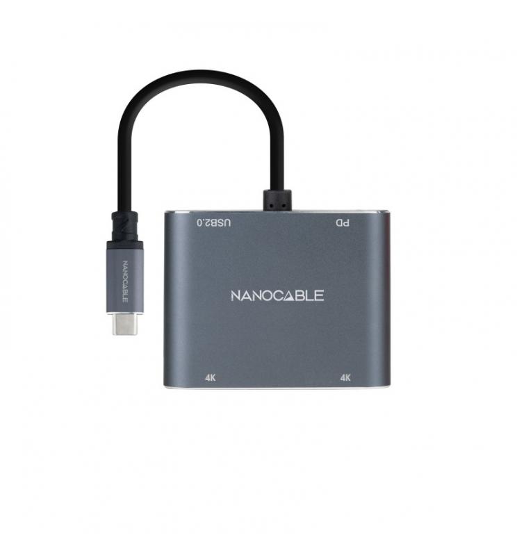 Nanocable - Conversor USB-C a 2xHDMI/USB2.0/PD, 15 cm, Gris