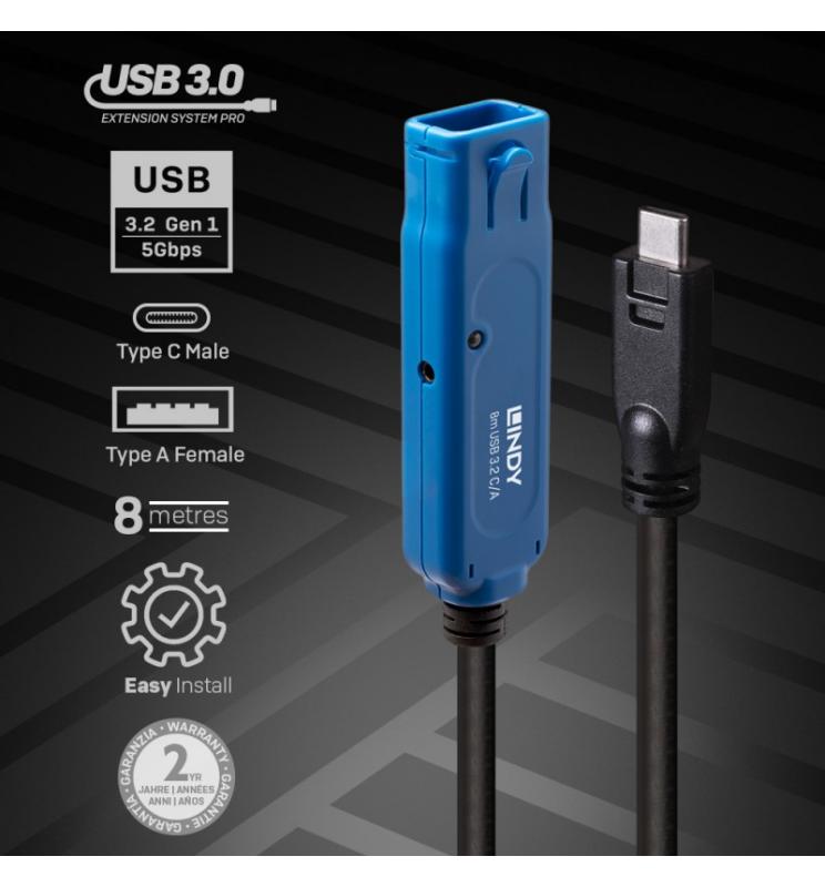 Lindy - 43381 cable USB 8 m USB 3.2 Gen 1 (3.1 Gen 1) USB C USB A Negro, Azul