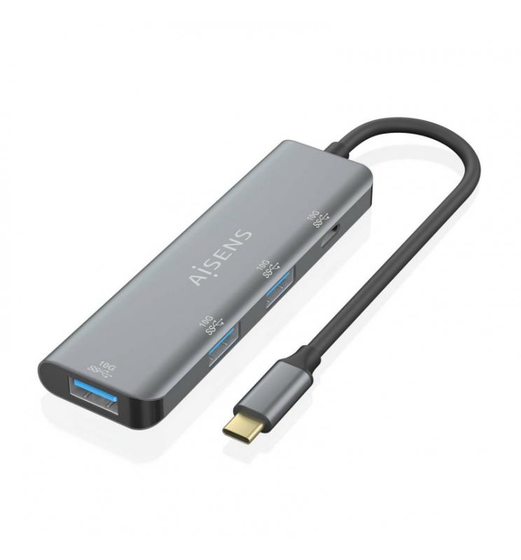 AISENS - Hub USB 3.2 Gen2 10G USB-C, USB-C/M-1xUSB-C/H-3xUSB-A/H, Gris, 15 cm