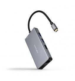 Nanocable - HUB USB-C 9 en 1, Conversor USB-C a 3 x USB-A + 2 x HDMI + RJ45 + TF + SD + USB-C PD 100W, Aluminio, 15 cm, Gris