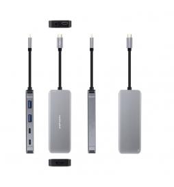Nanocable - HUB USB-C 6 en 1, Conversor USB-C 3.2 GEN1 5G a 2 x USB-A + 2 x USB-C + HDMI + USB-C PD 100W, Aluminio, 15 cm, Gris
